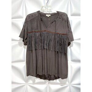 Umgee Sz M Faux Suede Leather Suede Fringed Top Blouse Indian Aztec Boho